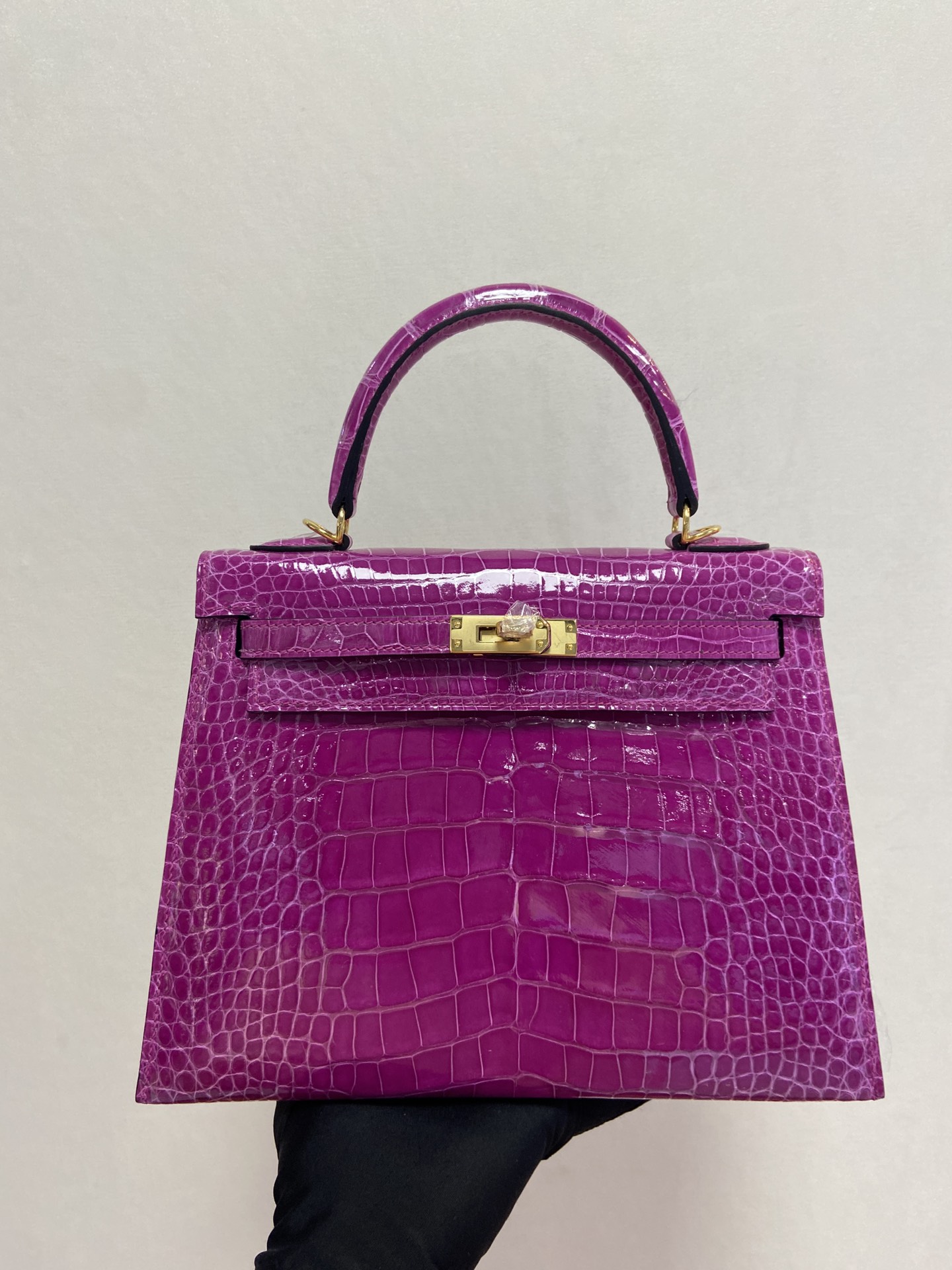 Hermes Kelly 25cm Handbag Shoulder Bag In Purple Shiny Crocodile Niloticus Leather